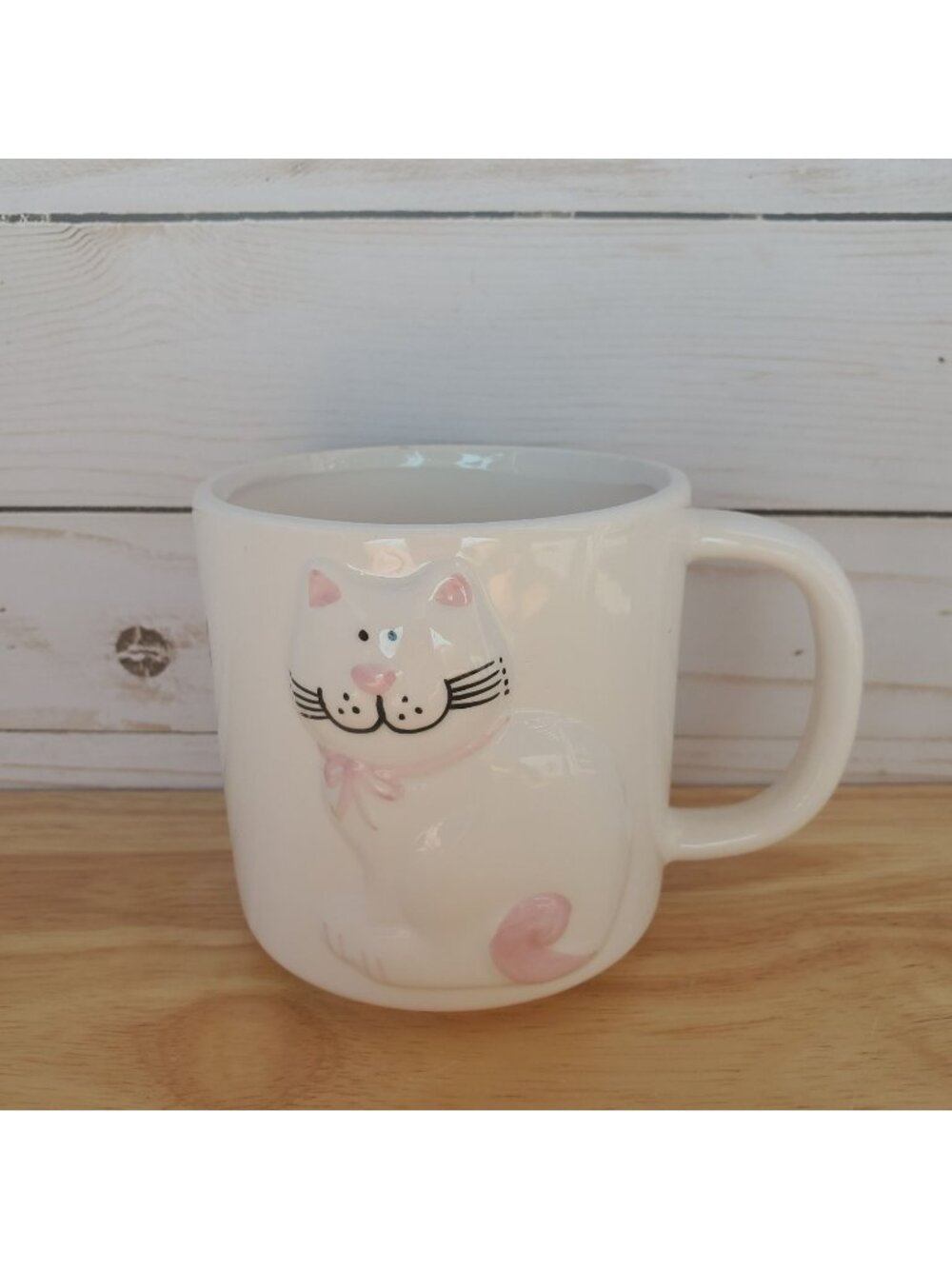 Cat Coffee Or Tea Mug With Raised Motif And Pink Accents 1980s Vintage Ceramic